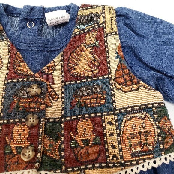 Buster Brown Girls Vintage Denim Romper Tapestry Vest Baby Size 3-6 Months - Picture 5 of 11